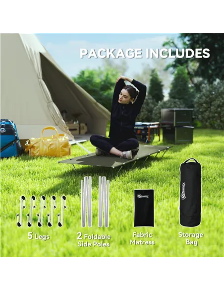 Outsunny Lightweight Camping Bed, Aluminium Portable Camp Cot w/ Strong Support 150kg and Carry Bag for Camping, Dark Green