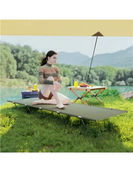 Outsunny Lightweight Camping Bed, Aluminium Portable Camp Cot w/ Strong Support 150kg and Carry Bag for Camping, Dark Green