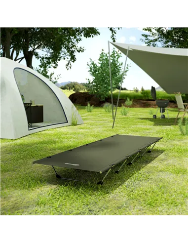 Outsunny Lightweight Camping Bed, Aluminium Portable Camp Cot w/ Strong Support 150kg and Carry Bag for Camping, Dark Green