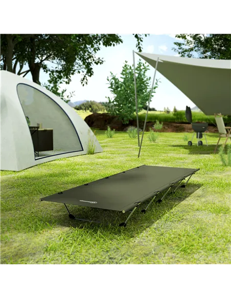 Outsunny Lightweight Camping Bed, Aluminium Portable Camp Cot w/ Strong Support 150kg and Carry Bag for Camping, Dark Green