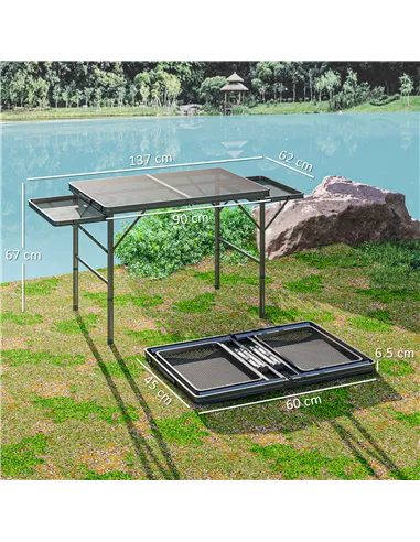Outsunny Folding Grill Table, 4.5ft Portable Camping Table with 2 Wing Panels, Height Adjustable Metal Picnic Table for Camping,
