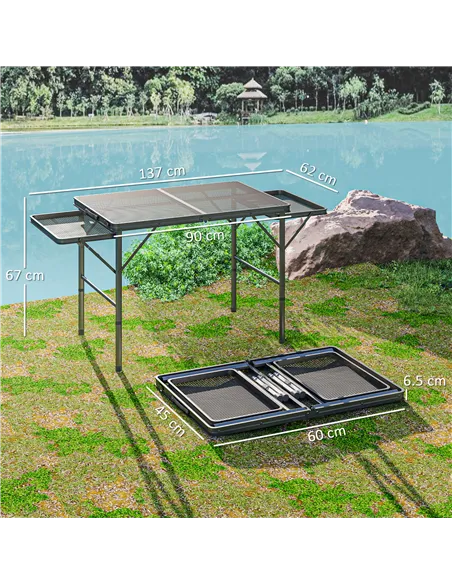 Outsunny Folding Grill Table, 4.5ft Portable Camping Table with 2 Wing Panels, Height Adjustable Metal Picnic Table for Camping,