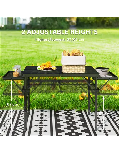 Outsunny Folding Grill Table, 4.5ft Portable Camping Table with 2 Wing Panels, Height Adjustable Metal Picnic Table for Camping,
