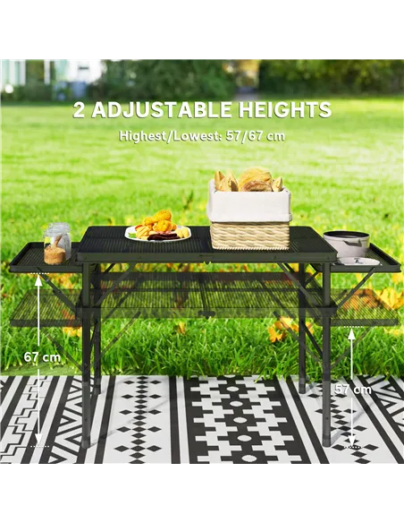 Outsunny Folding Grill Table, 4.5ft Portable Camping Table with 2 Wing Panels, Height Adjustable Metal Picnic Table for Camping,