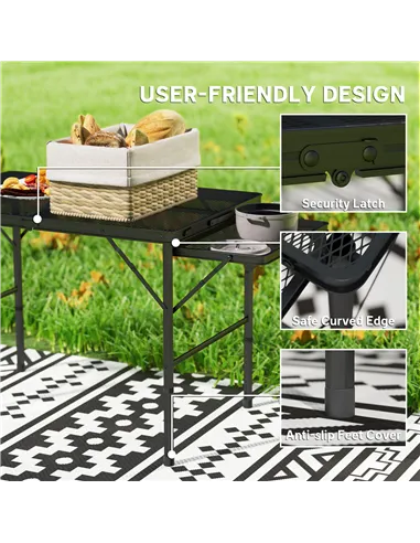 Outsunny Folding Grill Table, 4.5ft Portable Camping Table with 2 Wing Panels, Height Adjustable Metal Picnic Table for Camping,