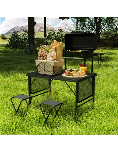 Outsunny Folding Grill Table, 4.5ft Portable Camping Table with 2 Wing Panels, Height Adjustable Metal Picnic Table for Camping,