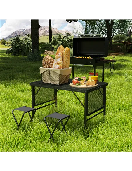 Outsunny Folding Grill Table, 4.5ft Portable Camping Table with 2 Wing Panels, Height Adjustable Metal Picnic Table for Camping,