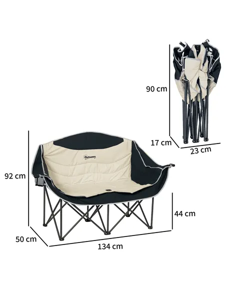 Outsunny Double Camping Chair for Adults, Oversized Heavy Duty Padded Folding Chair with Armrests, Cup Holders and Carry Bag for