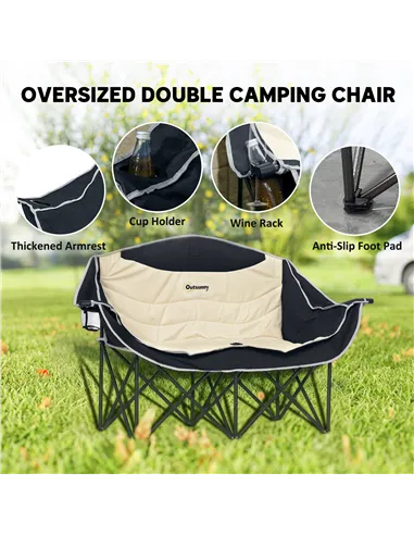 Outsunny Double Camping Chair for Adults, Oversized Heavy Duty Padded Folding Chair with Armrests, Cup Holders and Carry Bag for