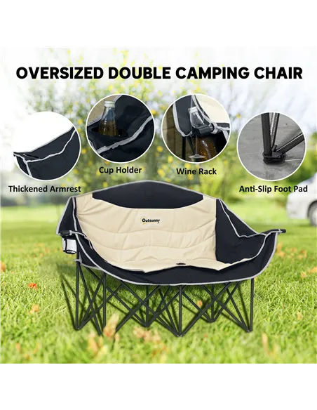 Outsunny Double Camping Chair for Adults, Oversized Heavy Duty Padded Folding Chair with Armrests, Cup Holders and Carry Bag for