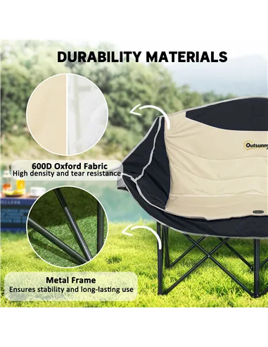 Outsunny Double Camping Chair for Adults, Oversized Heavy Duty Padded Folding Chair with Armrests, Cup Holders and Carry Bag for