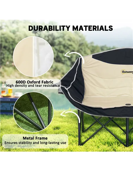 Outsunny Double Camping Chair for Adults, Oversized Heavy Duty Padded Folding Chair with Armrests, Cup Holders and Carry Bag for
