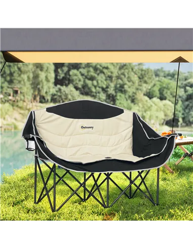 Outsunny Double Camping Chair for Adults, Oversized Heavy Duty Padded Folding Chair with Armrests, Cup Holders and Carry Bag for
