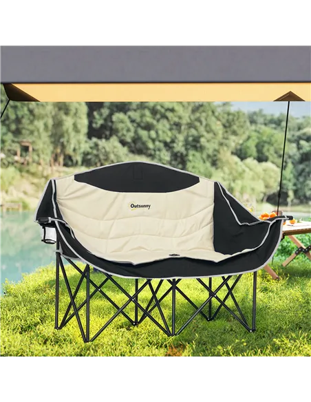 Outsunny Double Camping Chair for Adults, Oversized Heavy Duty Padded Folding Chair with Armrests, Cup Holders and Carry Bag for