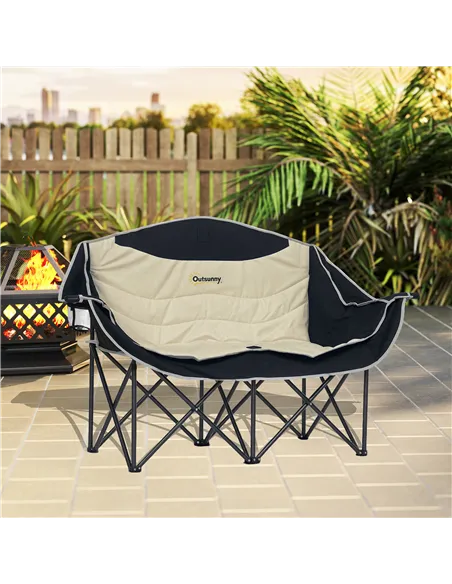 Outsunny Double Camping Chair for Adults, Oversized Heavy Duty Padded Folding Chair with Armrests, Cup Holders and Carry Bag for