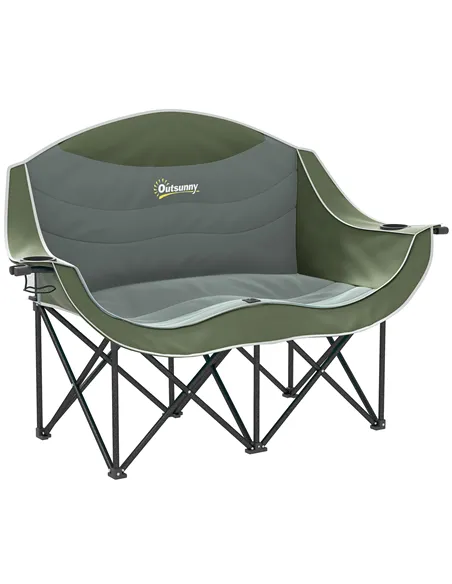 Outsunny Double Camping Chair for Adults with Armrests, Heavy Duty Oversized Padded Folding Chair with Carry Bag, Cup Holders fo