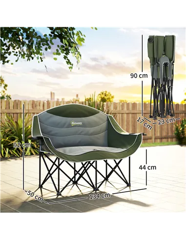 Outsunny Double Camping Chair for Adults with Armrests, Heavy Duty Oversized Padded Folding Chair with Carry Bag, Cup Holders fo