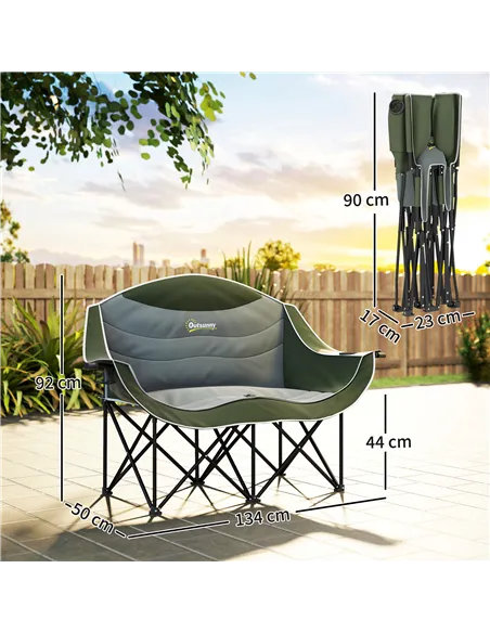 Outsunny Double Camping Chair for Adults with Armrests, Heavy Duty Oversized Padded Folding Chair with Carry Bag, Cup Holders fo