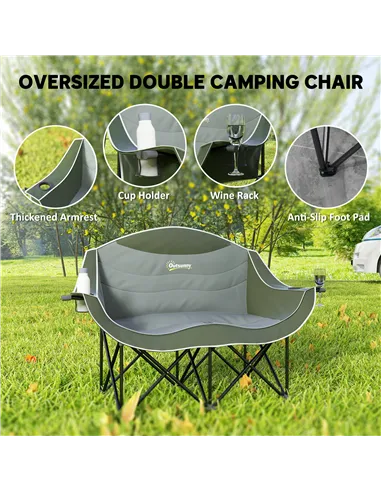 Outsunny Double Camping Chair for Adults with Armrests, Heavy Duty Oversized Padded Folding Chair with Carry Bag, Cup Holders fo