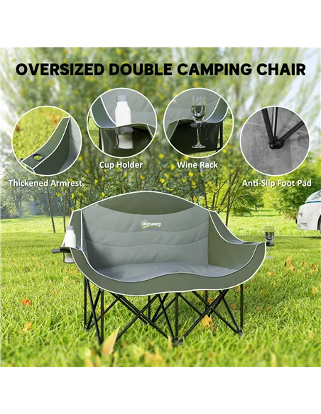 Outsunny Double Camping Chair for Adults with Armrests, Heavy Duty Oversized Padded Folding Chair with Carry Bag, Cup Holders fo