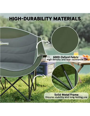 Outsunny Double Camping Chair for Adults with Armrests, Heavy Duty Oversized Padded Folding Chair with Carry Bag, Cup Holders fo