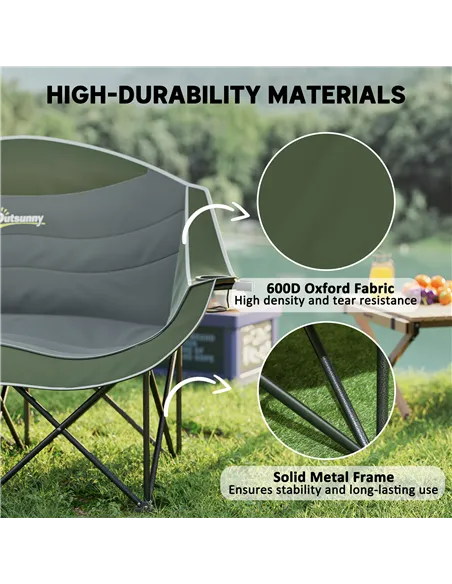 Outsunny Double Camping Chair for Adults with Armrests, Heavy Duty Oversized Padded Folding Chair with Carry Bag, Cup Holders fo
