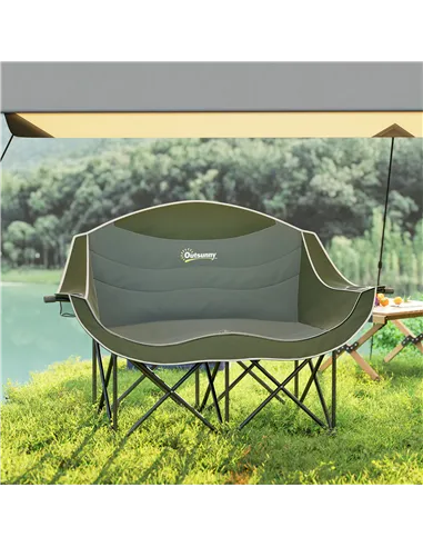 Outsunny Double Camping Chair for Adults with Armrests, Heavy Duty Oversized Padded Folding Chair with Carry Bag, Cup Holders fo