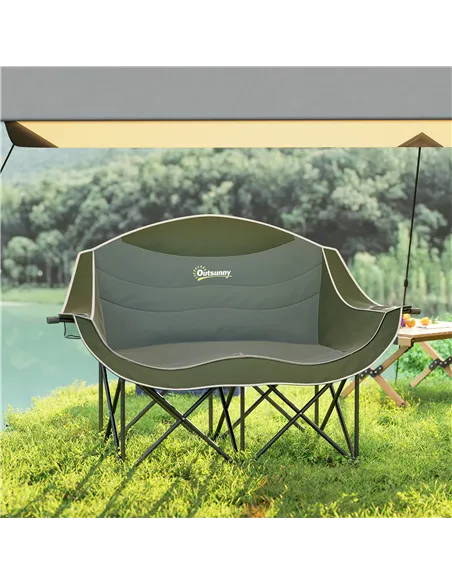 Outsunny Double Camping Chair for Adults with Armrests, Heavy Duty Oversized Padded Folding Chair with Carry Bag, Cup Holders fo