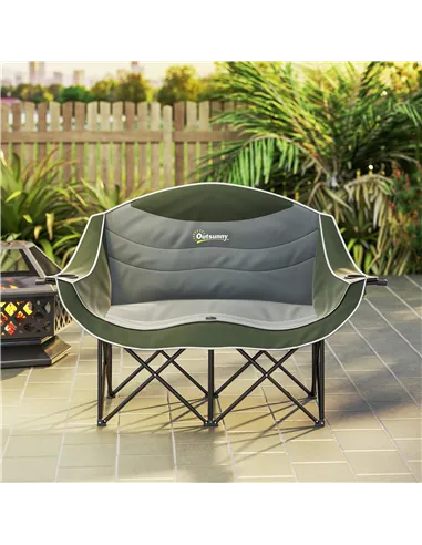 Outsunny Double Camping Chair for Adults with Armrests, Heavy Duty Oversized Padded Folding Chair with Carry Bag, Cup Holders fo