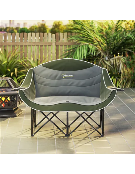 Outsunny Double Camping Chair for Adults with Armrests, Heavy Duty Oversized Padded Folding Chair with Carry Bag, Cup Holders fo