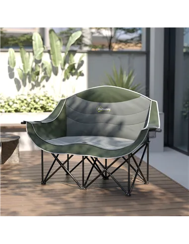Outsunny Double Camping Chair for Adults with Armrests, Heavy Duty Oversized Padded Folding Chair with Carry Bag, Cup Holders fo