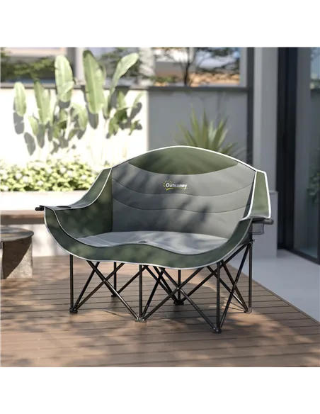 Outsunny Double Camping Chair for Adults with Armrests, Heavy Duty Oversized Padded Folding Chair with Carry Bag, Cup Holders fo