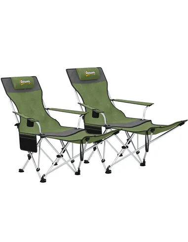 Outsunny Set of 2 Reclining Folding Camping Chair w/ Detachable Footrest, Storage Bag, Cup Holder & Headrest, Lightweight Portab