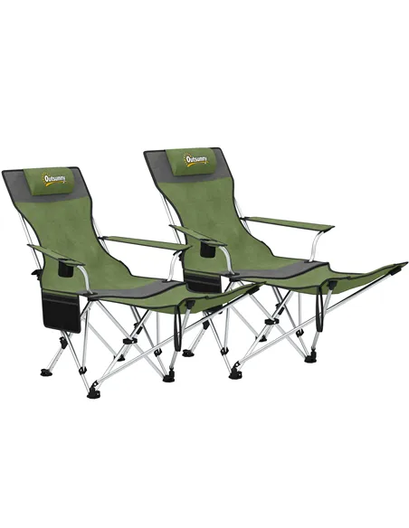 Outsunny Set of 2 Reclining Folding Camping Chair w/ Detachable Footrest, Storage Bag, Cup Holder & Headrest, Lightweight Portab