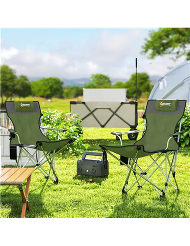 Outsunny Set of 2 Reclining Folding Camping Chair w/ Detachable Footrest, Storage Bag, Cup Holder & Headrest, Lightweight Portab