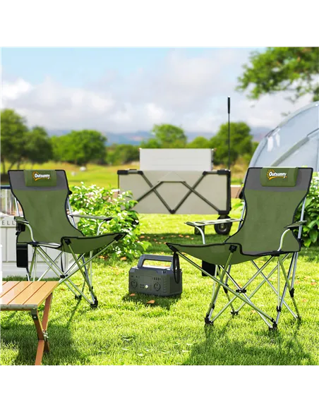Outsunny Set of 2 Reclining Folding Camping Chair w/ Detachable Footrest, Storage Bag, Cup Holder & Headrest, Lightweight Portab