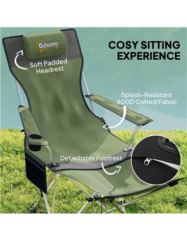 Outsunny Set of 2 Reclining Folding Camping Chair w/ Detachable Footrest, Storage Bag, Cup Holder & Headrest, Lightweight Portab