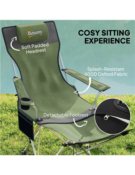 Outsunny Set of 2 Reclining Folding Camping Chair w/ Detachable Footrest, Storage Bag, Cup Holder & Headrest, Lightweight Portab