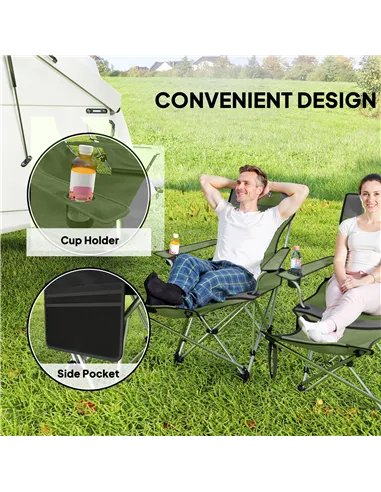 Outsunny Set of 2 Reclining Folding Camping Chair w/ Detachable Footrest, Storage Bag, Cup Holder & Headrest, Lightweight Portab