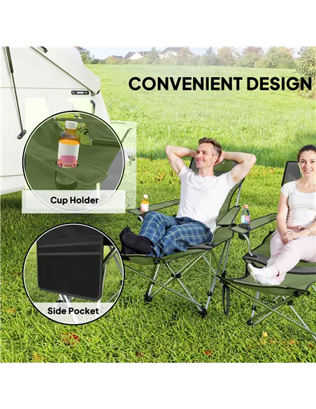 Outsunny Set of 2 Reclining Folding Camping Chair w/ Detachable Footrest, Storage Bag, Cup Holder & Headrest, Lightweight Portab