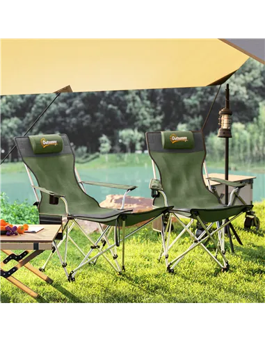 Outsunny Set of 2 Reclining Folding Camping Chair w/ Detachable Footrest, Storage Bag, Cup Holder & Headrest, Lightweight Portab