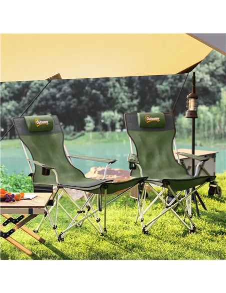 Outsunny Set of 2 Reclining Folding Camping Chair w/ Detachable Footrest, Storage Bag, Cup Holder & Headrest, Lightweight Portab
