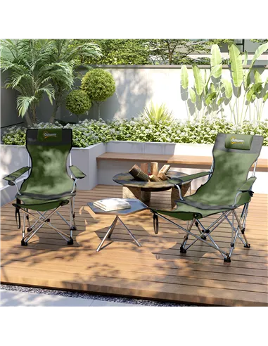 Outsunny Set of 2 Reclining Folding Camping Chair w/ Detachable Footrest, Storage Bag, Cup Holder & Headrest, Lightweight Portab