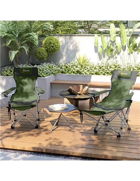 Outsunny Set of 2 Reclining Folding Camping Chair w/ Detachable Footrest, Storage Bag, Cup Holder & Headrest, Lightweight Portab