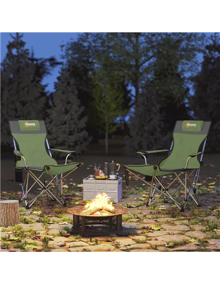 Outsunny Set of 2 Reclining Folding Camping Chair w/ Detachable Footrest, Storage Bag, Cup Holder & Headrest, Lightweight Portab