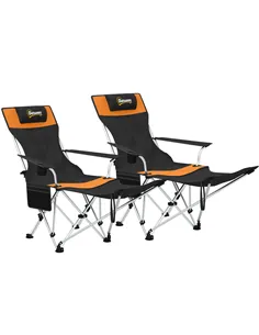 Outsunny Set of 2 Reclining Folding Camping Chair w/ Detachable Footrest, Storage Bag, Cup Holder & Headrest, Lightweight Portab