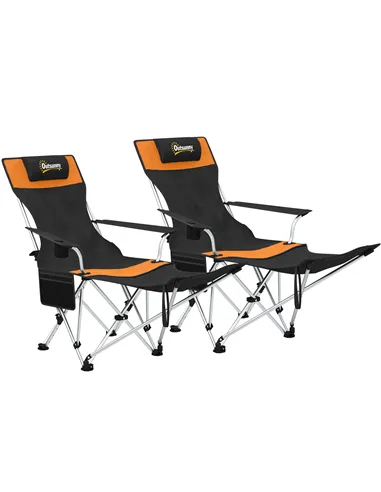 Outsunny Set of 2 Reclining Folding Camping Chair w/ Detachable Footrest, Storage Bag, Cup Holder & Headrest, Lightweight Portab