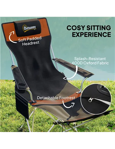Outsunny Set of 2 Reclining Folding Camping Chair w/ Detachable Footrest, Storage Bag, Cup Holder & Headrest, Lightweight Portab