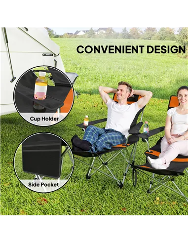 Outsunny Set of 2 Reclining Folding Camping Chair w/ Detachable Footrest, Storage Bag, Cup Holder & Headrest, Lightweight Portab