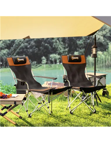 Outsunny Set of 2 Reclining Folding Camping Chair w/ Detachable Footrest, Storage Bag, Cup Holder & Headrest, Lightweight Portab